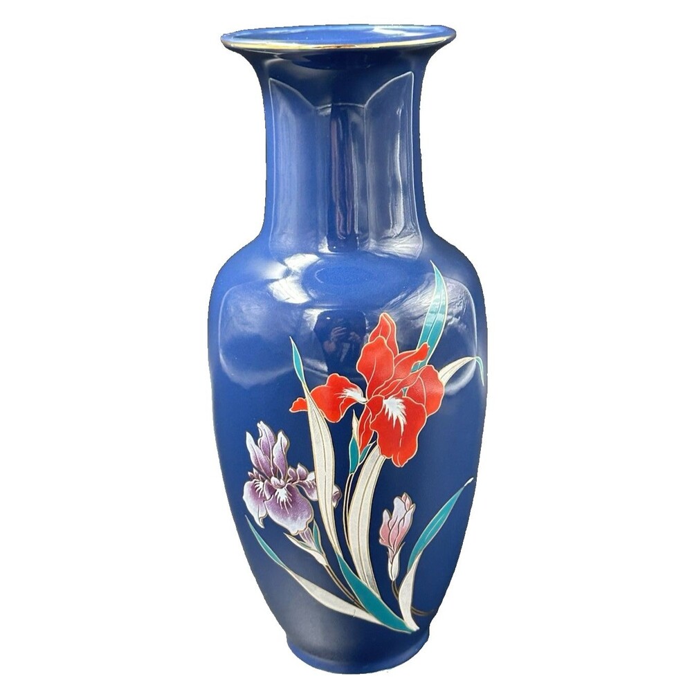 Vtg Blue Dynasty Dark Blue Floral Bone China Vase with Gold Trim made in Japan